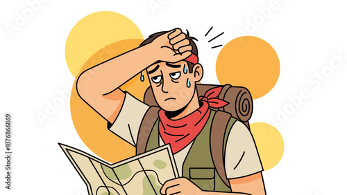 Confused Hiker Sweating Profusely While Consulting Road Map During Outdoor Trek