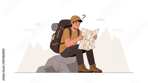Confused Hiker Examining Map During Outdoor Adventure In Mountainous Terrain