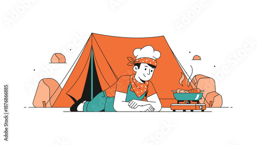 Chef Enjoying Camping Outdoors While Cooking Food At The Campsite