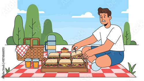 Confused Man Trying to Pick a Sandwich During a Picnic in the Park