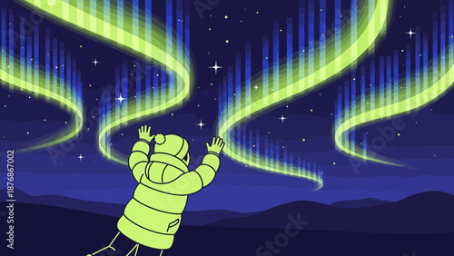 Child Gazing At The Northern Lights Wonders In Night Sky Cartoon Illustration