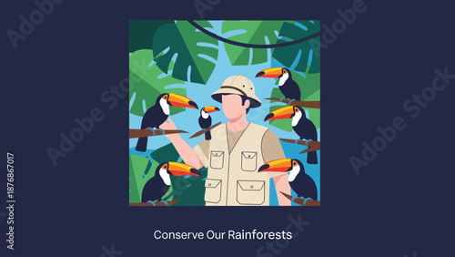 Conservationist And Toucans Amidst Lush Tropical Rainforest Scenery Illustration