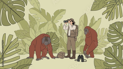 Conservationist Observes Orangutans In Lush Tropical Forest Cartoon Illustration