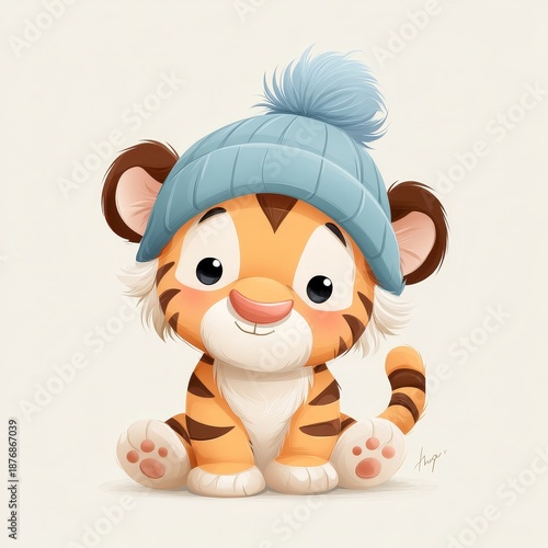 Charming baby tiger wearing a fluffy blue hat sits happily against a pristine white background