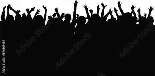 Silhouette of a crowd with raised hands against a white background black