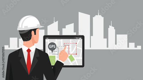 Construction Manager Planning Building Site Using Digital Map Interface Technology