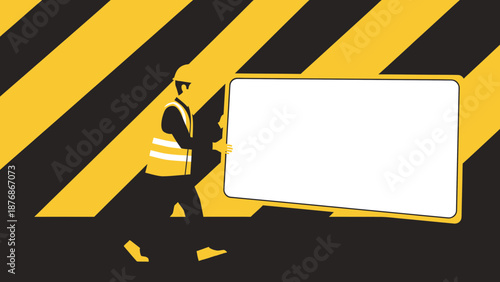Construction Worker Carrying a Blank Sign On Hazard Stripes Background
