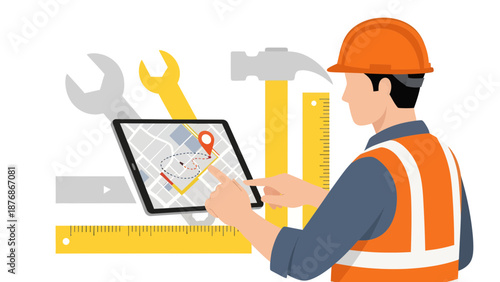 Construction Professional Utilizing Tablet For Location Mapping And Tools Concept