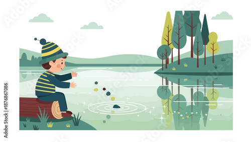 Child's Simple Joy Skipping Stones Across Serene Waters On A Peaceful Day