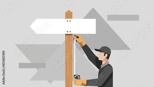 Construction Worker Measuring Directional Sign Installation Process Illustration