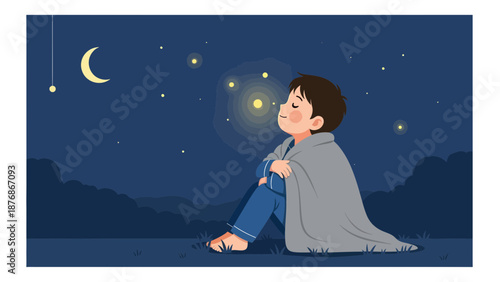 Child's Tranquil Night Contemplation Beneath Starry Skies And Crescent Moon