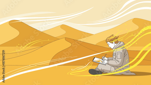 Contemplative Artist Immersed In Desert Landscape Crafting His Vision