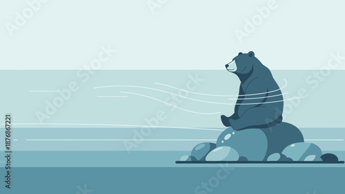 Contemplative Bear Enjoying Serene Seaside View On Rocky Shore Illustration