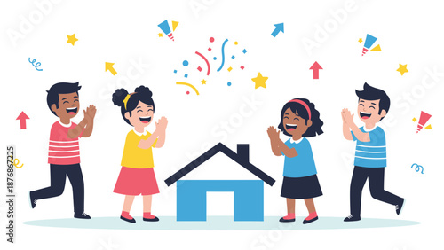 Children Celebrate Home Ownership With Confetti And Joyful Expression
