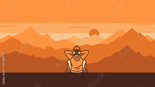 Contemplative Character Gazing At The Mountainous Scenery During Orange Sunset