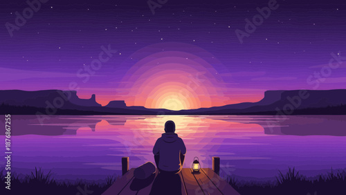 Contemplative Evening Silhouette Serene Scene Man On Dock At Sunset