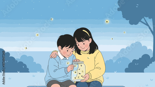 Children Enjoying Summer Night Collecting Glowing Fireflies In Jar Illustration