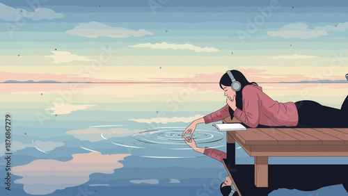 Contemplative Moment Young Woman On Dock Enjoying Sunset Peaceful Serenity