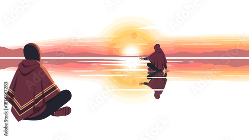 Contemplative Serenity Individuals Meditating By a Calm Lake at Sunset