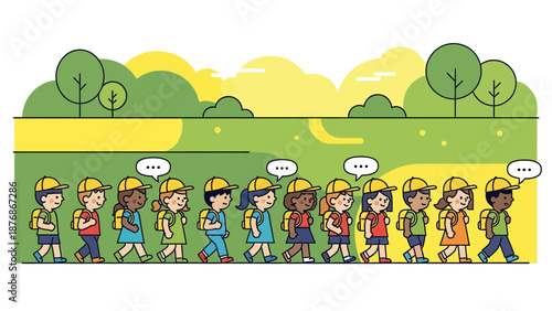 Children On A School Trip Walking In A Row Enjoying The Outdoors Nature