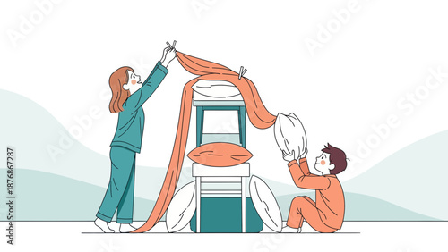 Children Making Fort With Pillows And Sheet Indoors At Home Illustration