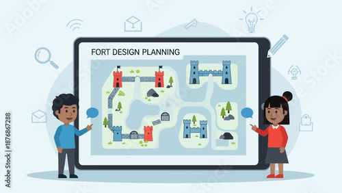 Children Planning A Fort Design On A Tablet For A Home Building Project