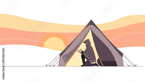 Contemplative Wanderer Sits In Tent Crafting Memories Under Pastel Sunrise