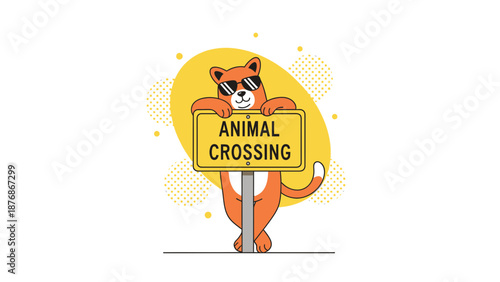 Cool Cat With Sunglasses Holding An Animal Crossing Sign Illustration