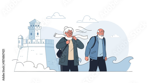 Chilly Day Coastal Walk For Elderly Couple Near Historic Lighthouse Scenery