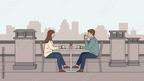 Couple Enjoying Coffee On City Rooftop Terrace With Panoramic Urban Skyline View