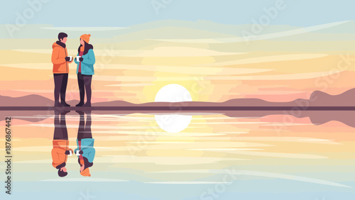 Couple Enjoying Hot Drinks On A Cold Winter Day Watching Sunrise Reflection Over Calm Lake