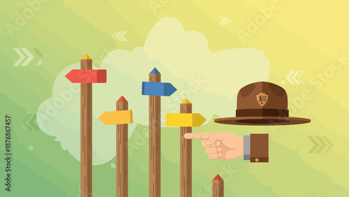 Choosing Right Direction For Adventure With Signposts and Park Ranger's Hat