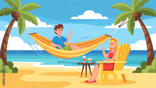 Couple Enjoying Relaxing Beach Getaway With Hammock And Tropical Drinks Illustration