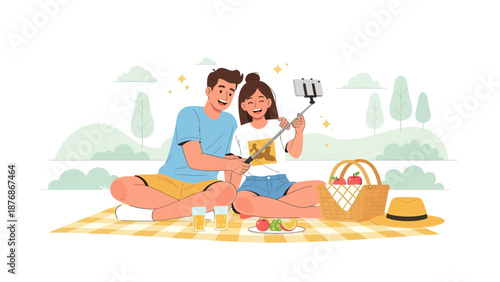Couple Enjoying Summer Picnic Together While Capturing Memories With A Selfie Stick