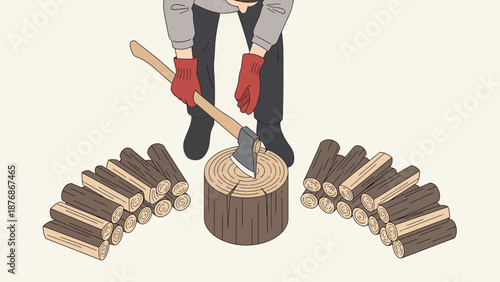 Chopping Wood For Winter Preparation By Hand In Minimal Style Vector Illustration