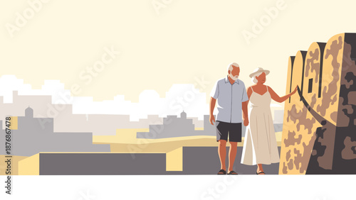 Couple Exploring Ancient City Walls During Retirement Vacation Under Warm Sunlight