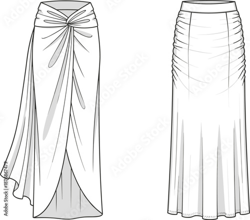 Women draped wrap skirt technical fashion CAD drawing with front and back views ruched detail cad drawing flat vector illustration
