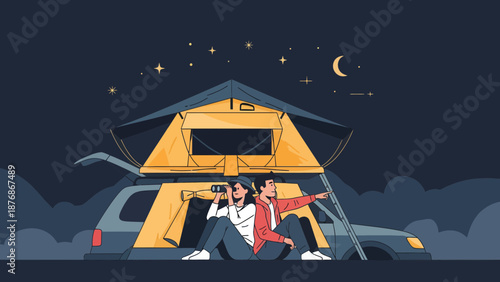 Couple Enjoying Rooftop Camping Under a Starry Night Sky Adventure