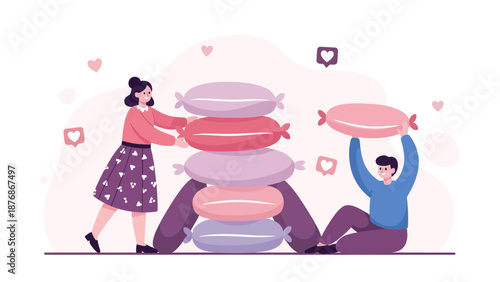 Couple Having Fun And Playing Together With Pillows During A Home Pillow Fight