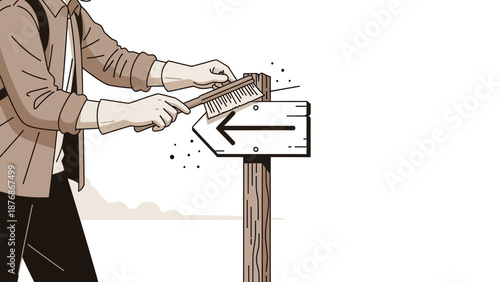 Cleaning Directional Signboard With Brush Outdoors Maintain Sign Information