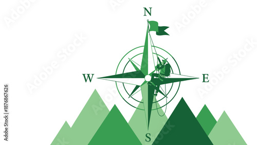 Climber Adventure With Compass And Mountains In Green Tone Color Illustration