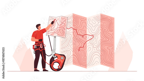 Climber Planning A Mountain Adventure With Topographic Map And Safety Equipment