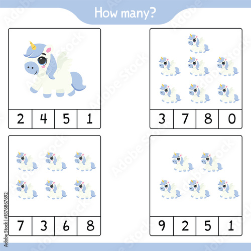 Unicorn math counting educational worksheet