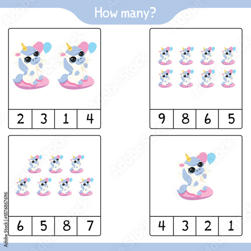 Unicorn math counting educational worksheet