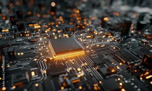 High-tech video showcasing a glowing semiconductor chip in the center of a complex electronic circuit board