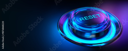 blue glowing reset button on metallic background, neon power reset switch technology concept, futuristic blue reboot button banner with copyspace