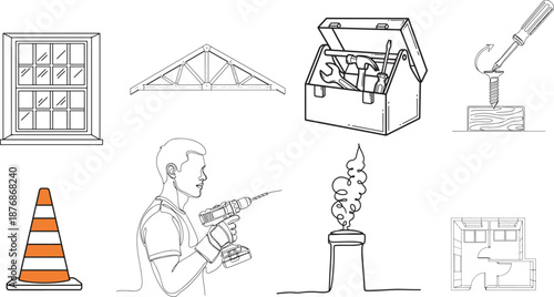 line drawing of various construction tools and equipment