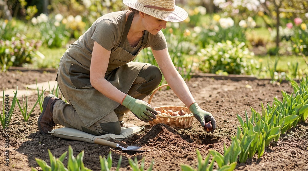 Fototapeta premium Woman planting tulip bulbs in garden during sunny spring day 
