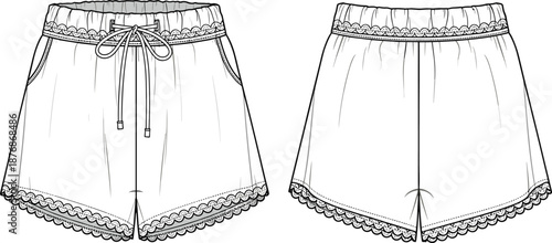Women lace trim shorts technical fashion template front back views cad drawing flat vector illustration for sleepwear apparel design