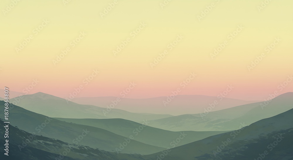 Obraz premium misty mountain range landscape with sunset sky